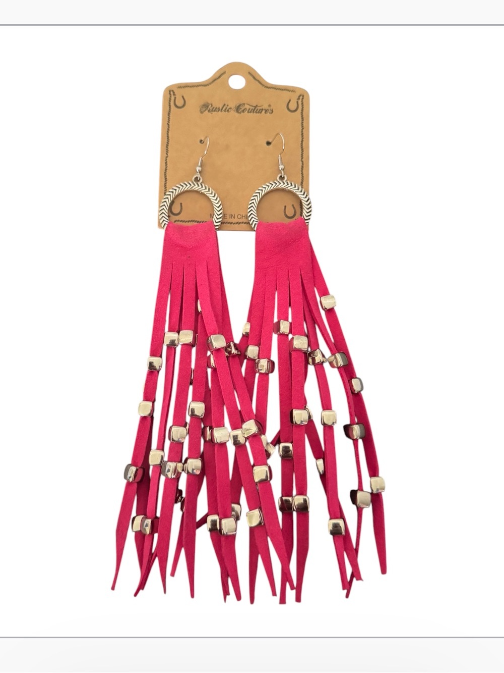 Rustic Couture's Hoop Long hit pink Suede Fringe Silver Beaded Statement Earring